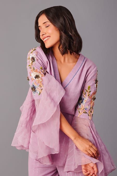 Buy_Poonam Dubey_Purple Handloom Cotton, Organza Sequins, Embroidery Floral Top And Pant Set _Online_at_Aza_Fashions