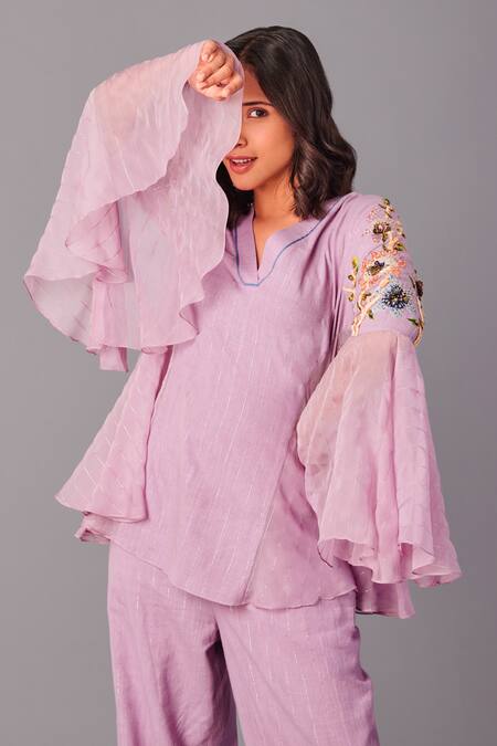 Shop_Poonam Dubey_Purple Handloom Cotton, Organza Sequins, Embroidery Floral Top And Pant Set _Online_at_Aza_Fashions