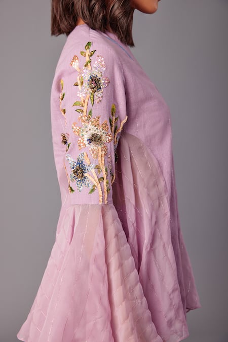 Poonam Dubey_Purple Handloom Cotton, Organza Sequins, Embroidery Floral Top And Pant Set _at_Aza_Fashions