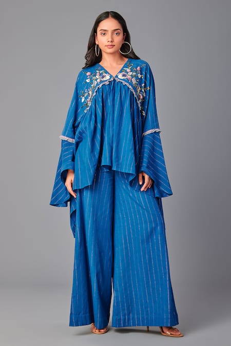 Poonam Dubey_Blue Handloom Cotton, Organza Embroidery, Cut Asymmetric Floral Top And Pant Set _Online_at_Aza_Fashions