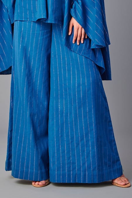 Buy_Poonam Dubey_Blue Handloom Cotton, Organza Embroidery, Cut Asymmetric Floral Top And Pant Set _Online_at_Aza_Fashions