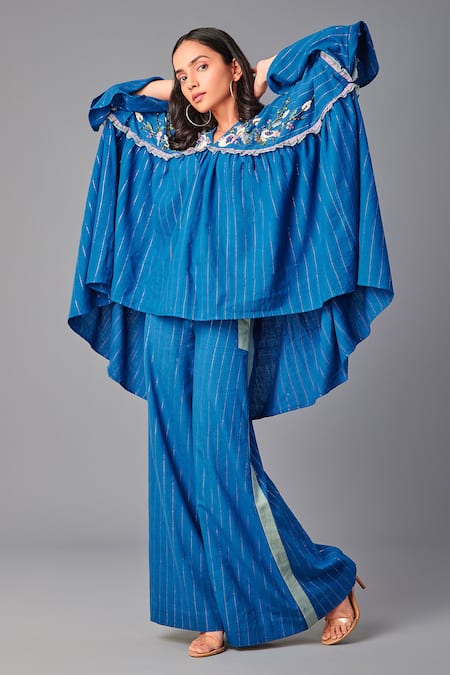 Shop_Poonam Dubey_Blue Handloom Cotton, Organza Embroidery, Cut Asymmetric Floral Top And Pant Set _Online_at_Aza_Fashions