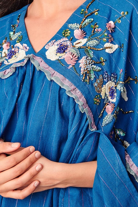 Poonam Dubey_Blue Handloom Cotton, Organza Embroidery, Cut Asymmetric Floral Top And Pant Set _at_Aza_Fashions