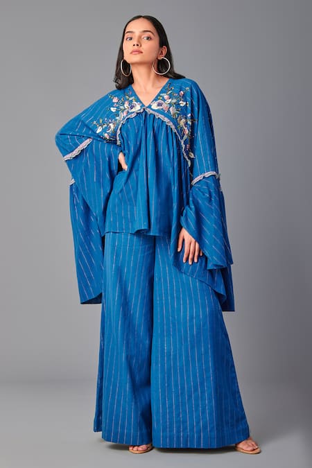 Poonam Dubey Blue Handloom Cotton Organza Asymmetric Floral Top And Pant Set  