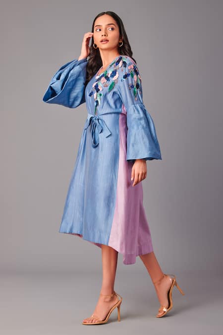 Buy_Poonam Dubey_Blue Chanderi Embroidery V-neck Sequin Dress With Belt _Online_at_Aza_Fashions