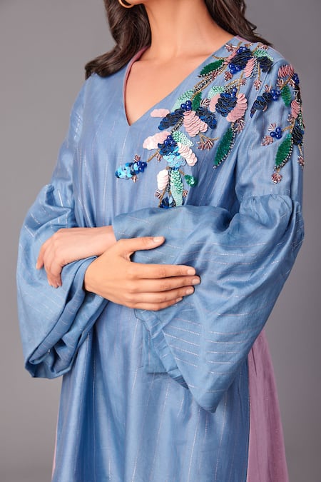 Shop_Poonam Dubey_Blue Chanderi Embroidery V-neck Sequin Dress With Belt _Online_at_Aza_Fashions