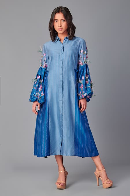 Poonam Dubey_Blue Chanderi Embroidery, Sequins Shawl Neck Floral Midi Dress _Online_at_Aza_Fashions