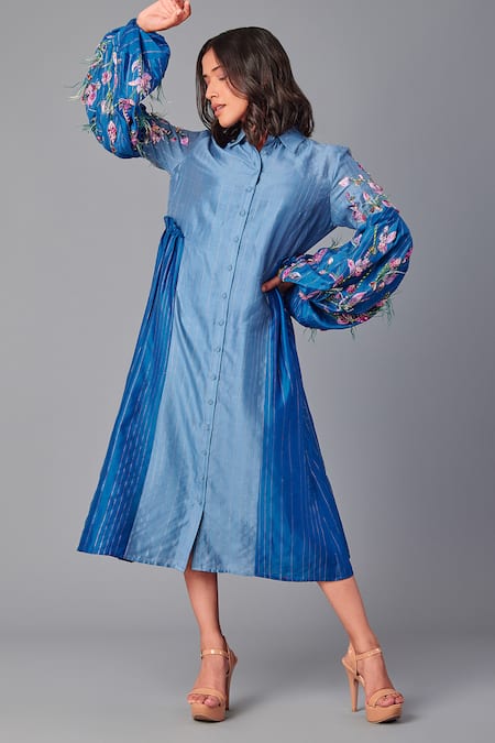 Buy_Poonam Dubey_Blue Chanderi Embroidery, Sequins Shawl Neck Floral Midi Dress _Online_at_Aza_Fashions