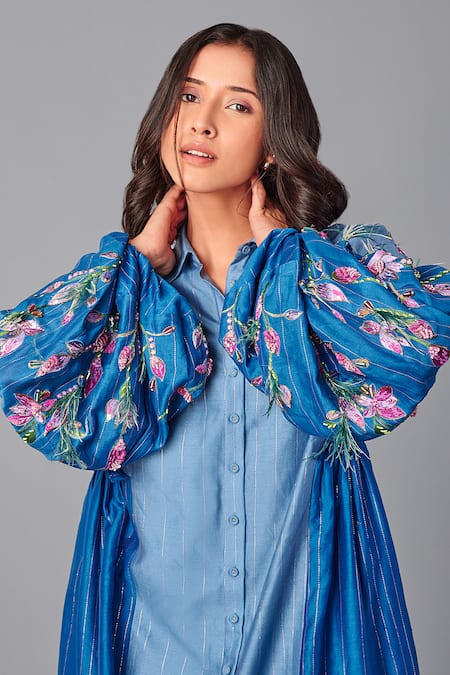 Shop_Poonam Dubey_Blue Chanderi Embroidery, Sequins Shawl Neck Floral Midi Dress _Online_at_Aza_Fashions