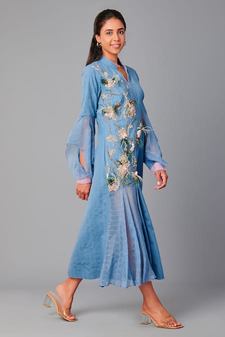Poonam Dubey_Blue Handloom Cotton, Organza Pearls, Embroidery Open Neck And Thread Dress _Online_at_Aza_Fashions