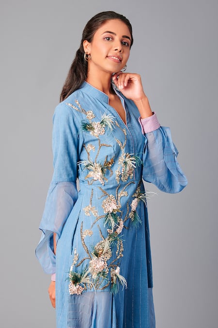 Buy_Poonam Dubey_Blue Handloom Cotton, Organza Pearls, Embroidery Open Neck And Thread Dress _Online_at_Aza_Fashions