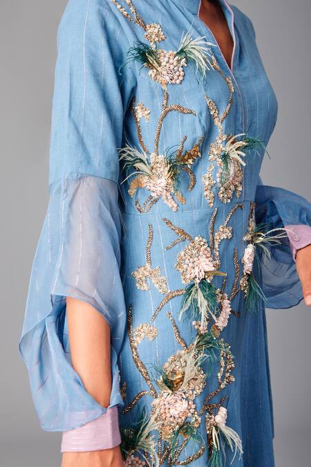 Shop_Poonam Dubey_Blue Handloom Cotton, Organza Pearls, Embroidery Open Neck And Thread Dress _Online_at_Aza_Fashions