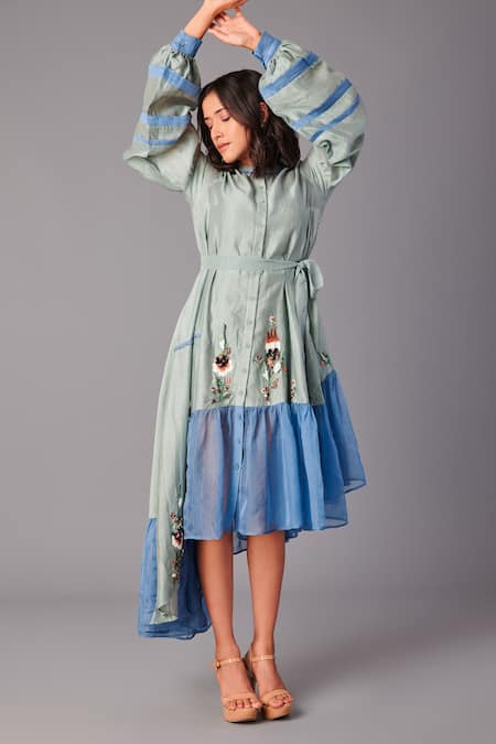 Poonam Dubey Asymmetric Sequin Embroidered Midi Dress With Belt 