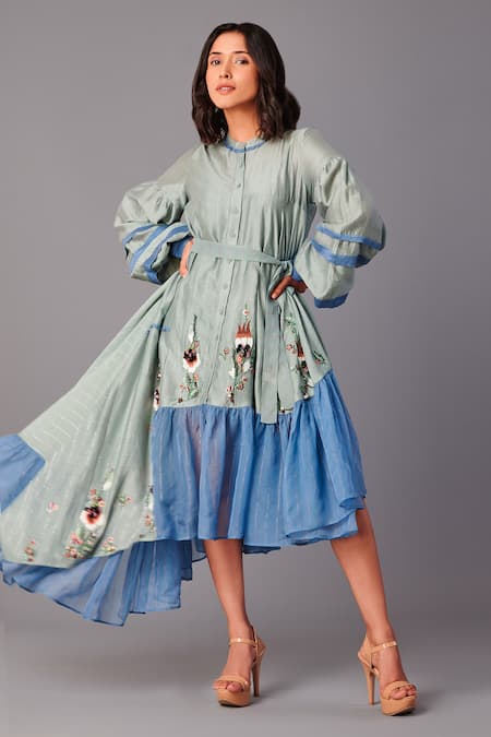 Buy_Poonam Dubey_Multi Color Chanderi, Organza Sequins, Asymmetric Midi Dress With Belt _Online_at_Aza_Fashions