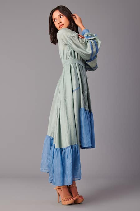 Shop_Poonam Dubey_Multi Color Chanderi, Organza Sequins, Asymmetric Midi Dress With Belt _Online_at_Aza_Fashions