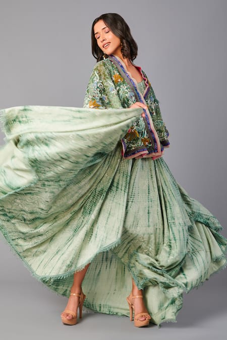 Poonam Dubey Green Chanderi, Organza Embroidery Round Neck, Asymmetric Dress With Jacket Online at Aza Fashions Poonam Dubey_Green Chanderi, Organza Embroidery Round Neck, Asymmetric Dress With Jacket _Online_at_Aza_Fashions