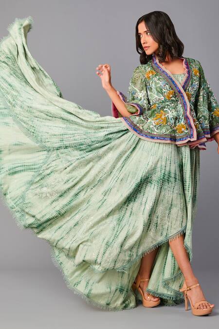 Shop Poonam Dubey Green Chanderi, Organza Embroidery Round Neck, Asymmetric Dress With Jacket Online at Aza Fashions Shop_Poonam Dubey_Green Chanderi, Organza Embroidery Round Neck, Asymmetric Dress With Jacket _Online_at_Aza_Fashions