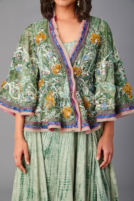 Poonam Dubey Green Chanderi, Organza Embroidery Round Neck, Asymmetric Dress With Jacket at Aza Fashions Poonam Dubey_Green Chanderi, Organza Embroidery Round Neck, Asymmetric Dress With Jacket _at_Aza_Fashions