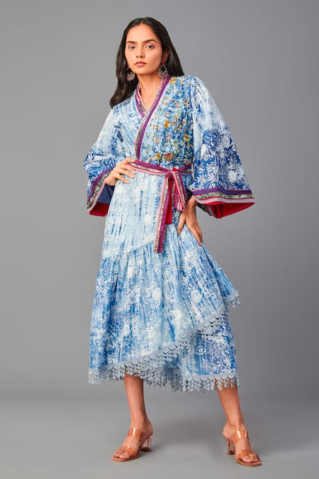 Buy_Poonam Dubey_Blue Chanderi Embroidery V-neck Wrap-over Flared Dress With Belt _Online_at_Aza_Fashions