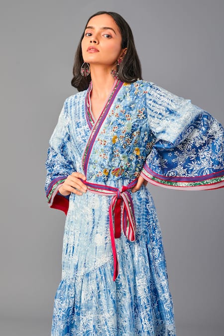 Shop_Poonam Dubey_Blue Chanderi Embroidery V-neck Wrap-over Flared Dress With Belt _Online_at_Aza_Fashions