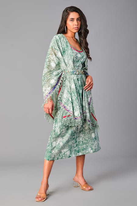 Poonam Dubey_Green Chanderi, Organza Embroidery Round Neck, Floral Print Dress With Jacket _Online_at_Aza_Fashions