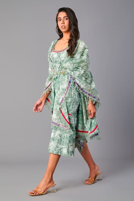 Buy_Poonam Dubey_Green Chanderi, Organza Embroidery Round Neck, Floral Print Dress With Jacket _Online_at_Aza_Fashions