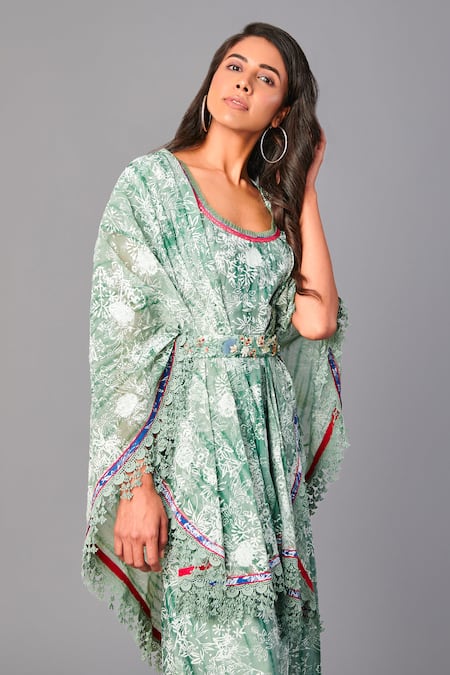 Shop_Poonam Dubey_Green Chanderi, Organza Embroidery Round Neck, Floral Print Dress With Jacket _Online_at_Aza_Fashions