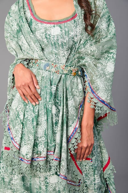 Poonam Dubey_Green Chanderi, Organza Embroidery Round Neck, Floral Print Dress With Jacket _at_Aza_Fashions