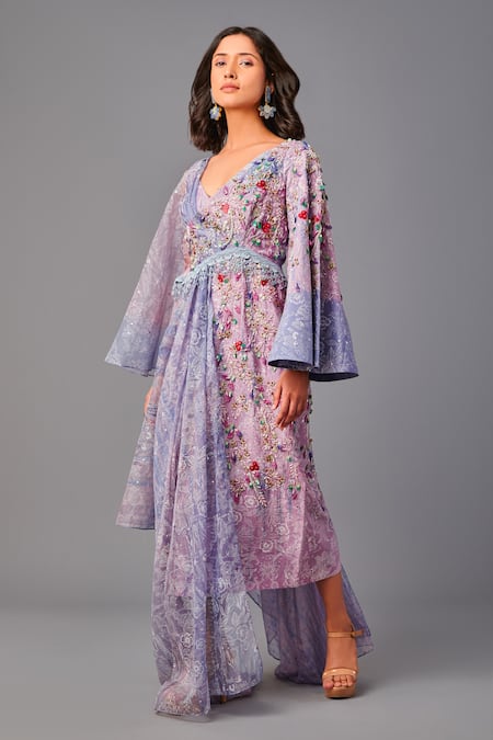 Poonam Dubey Purple Chanderi, Organza Embroidery V-neck 3d Draped Dress Online at Aza Fashions Poonam Dubey_Purple Chanderi, Organza Embroidery V-neck 3d Draped Dress _Online_at_Aza_Fashions