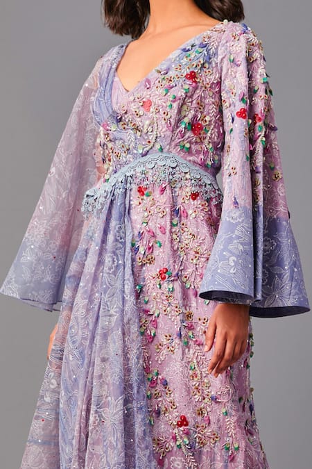 Buy Poonam Dubey Purple Chanderi, Organza Embroidery V-neck 3d Draped Dress Online at Aza Fashions Buy_Poonam Dubey_Purple Chanderi, Organza Embroidery V-neck 3d Draped Dress _Online_at_Aza_Fashions