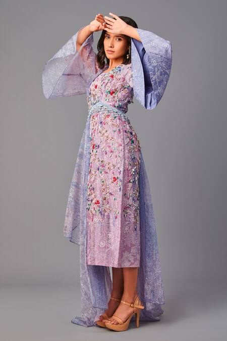 Shop Poonam Dubey Purple Chanderi, Organza Embroidery V-neck 3d Draped Dress Online at Aza Fashions Shop_Poonam Dubey_Purple Chanderi, Organza Embroidery V-neck 3d Draped Dress _Online_at_Aza_Fashions