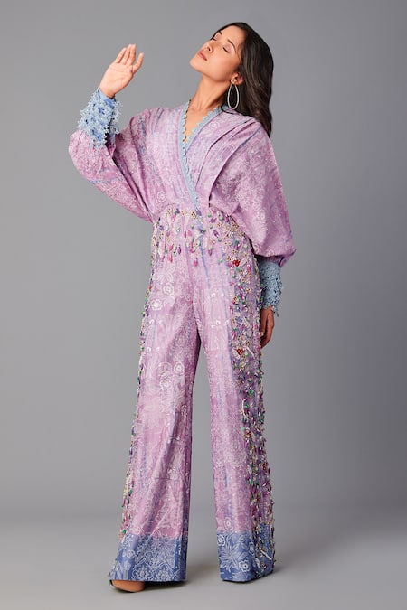 Buy_Poonam Dubey_Purple Chanderi Embroidery V-neck Wrap-over Dress _Online_at_Aza_Fashions