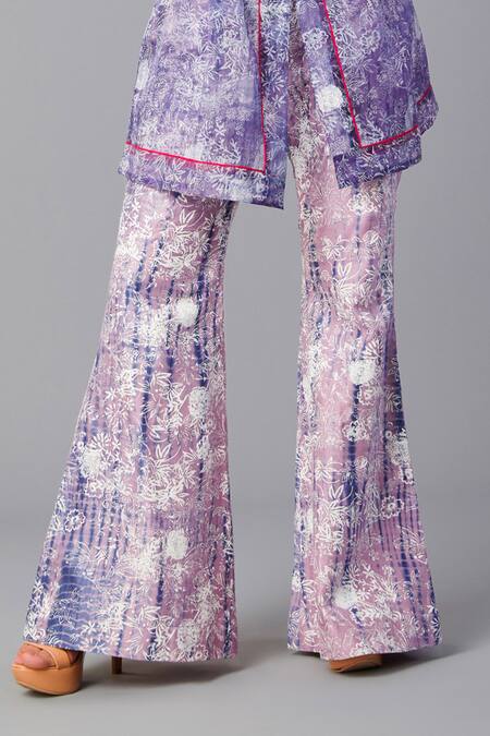 Poonam Dubey_Purple Chanderi, Organza Embroidery Round Neck, Tie-dye Pattern Jacket Pant Set _Online_at_Aza_Fashions