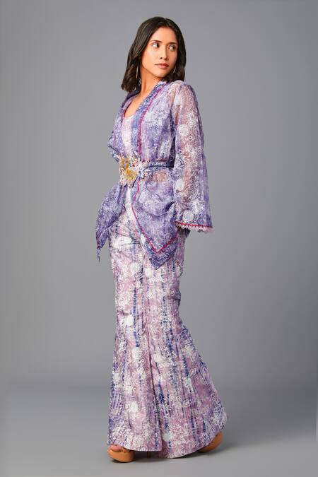 Buy_Poonam Dubey_Purple Chanderi, Organza Embroidery Round Neck, Tie-dye Pattern Jacket Pant Set _Online_at_Aza_Fashions