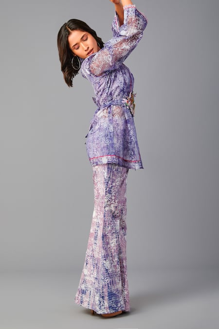 Shop_Poonam Dubey_Purple Chanderi, Organza Embroidery Round Neck, Tie-dye Pattern Jacket Pant Set _Online_at_Aza_Fashions