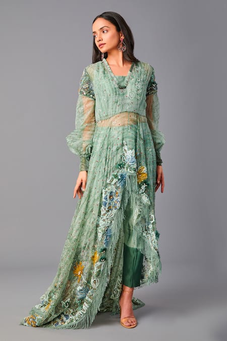Poonam Dubey Green Chanderi, Organza Sequins, Embroidery V-neck, Floral Tunic And Pant Set Online at Aza Fashions Poonam Dubey_Green Chanderi, Organza Sequins, Embroidery V-neck, Floral Tunic And Pant Set _Online_at_Aza_Fashions