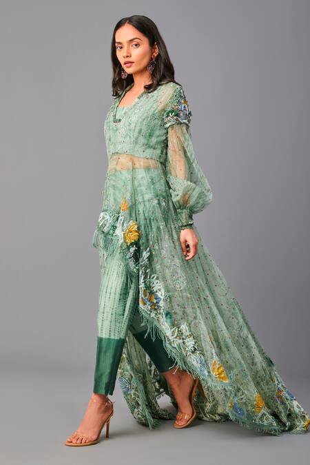 Buy Poonam Dubey Green Chanderi, Organza Sequins, Embroidery V-neck, Floral Tunic And Pant Set Online at Aza Fashions Buy_Poonam Dubey_Green Chanderi, Organza Sequins, Embroidery V-neck, Floral Tunic And Pant Set _Online_at_Aza_Fashions