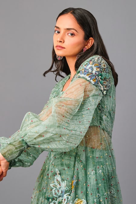 Shop Poonam Dubey Green Chanderi, Organza Sequins, Embroidery V-neck, Floral Tunic And Pant Set Online at Aza Fashions Shop_Poonam Dubey_Green Chanderi, Organza Sequins, Embroidery V-neck, Floral Tunic And Pant Set _Online_at_Aza_Fashions