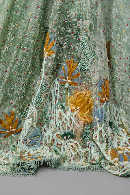 Poonam Dubey Green Chanderi, Organza Sequins, Embroidery V-neck, Floral Tunic And Pant Set at Aza Fashions Poonam Dubey_Green Chanderi, Organza Sequins, Embroidery V-neck, Floral Tunic And Pant Set _at_Aza_Fashions