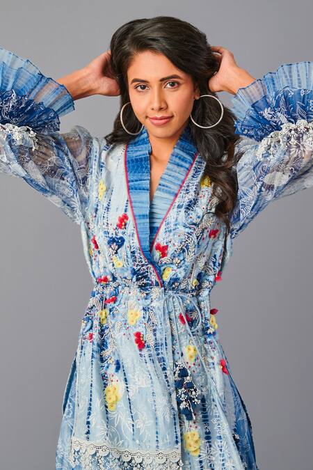 Poonam Dubey Blue Chanderi, Organza Pearls, Sequins, Embroidery Floral Tunic And Sharara Set Online at Aza Fashions Poonam Dubey_Blue Chanderi, Organza Pearls, Sequins, Embroidery Floral Tunic And Sharara Set _Online_at_Aza_Fashions
