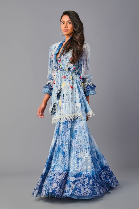 Buy Poonam Dubey Blue Chanderi, Organza Pearls, Sequins, Embroidery Floral Tunic And Sharara Set Online at Aza Fashions Buy_Poonam Dubey_Blue Chanderi, Organza Pearls, Sequins, Embroidery Floral Tunic And Sharara Set _Online_at_Aza_Fashions