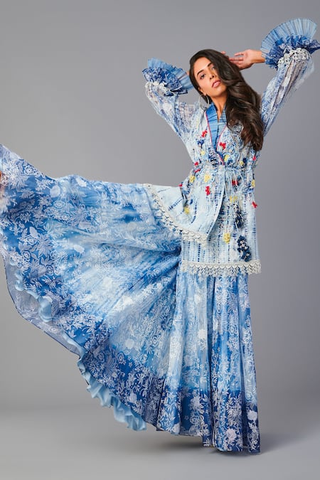 Shop Poonam Dubey Blue Chanderi, Organza Pearls, Sequins, Embroidery Floral Tunic And Sharara Set Online at Aza Fashions Shop_Poonam Dubey_Blue Chanderi, Organza Pearls, Sequins, Embroidery Floral Tunic And Sharara Set _Online_at_Aza_Fashions