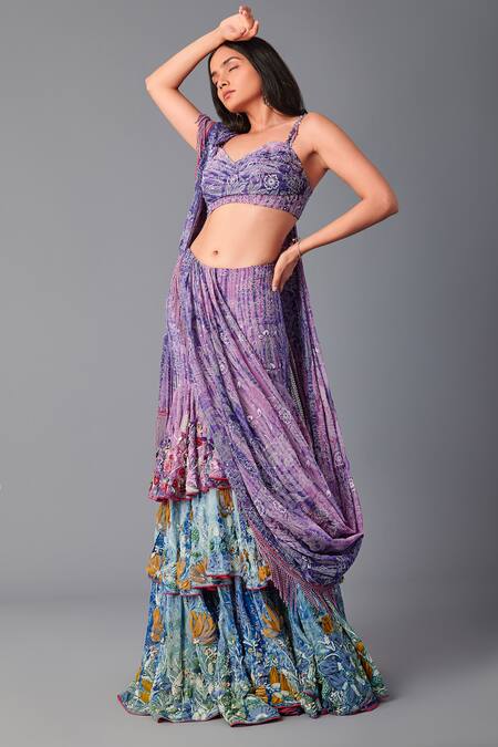 Poonam Dubey Multi Color Organza Embroidery Ruffle-tiered Pre-draped Saree With Blouse Online at Aza Fashions Poonam Dubey_Multi Color Organza Embroidery Ruffle-tiered Pre-draped Saree With Blouse _Online_at_Aza_Fashions