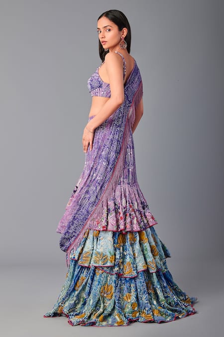 Buy Poonam Dubey Multi Color Organza Embroidery Ruffle-tiered Pre-draped Saree With Blouse Online at Aza Fashions Buy_Poonam Dubey_Multi Color Organza Embroidery Ruffle-tiered Pre-draped Saree With Blouse _Online_at_Aza_Fashions