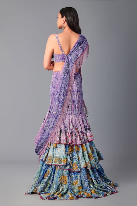 Poonam Dubey Ruffle-Tiered Pre-Draped Saree With Blouse 