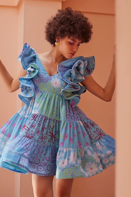 ZiP by Payal & Zinal_Blue Cotton Embroidery V-neck Glooming Sky Floral Print Dress _Online_at_Aza_Fashions