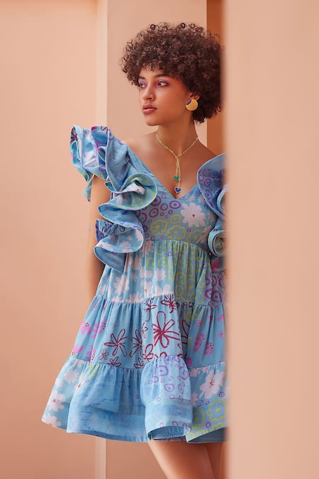 Shop_ZiP by Payal & Zinal_Blue Cotton Embroidery V-neck Glooming Sky Floral Print Dress _Online_at_Aza_Fashions