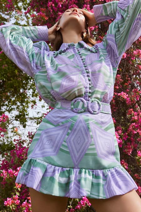 Shop_ZiP by Payal & Zinal_Purple Cotton Beads, Buckles Rich Girlfriend Geometric Print Shirt And Skirt Set _Online_at_Aza_Fashions