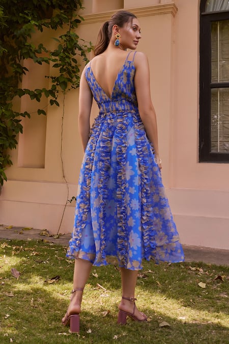 Shop_ZiP by Payal & Zinal_Blue Organza Ruffles V-neck Dory Floral Bloom Print Dress _at_Aza_Fashions
