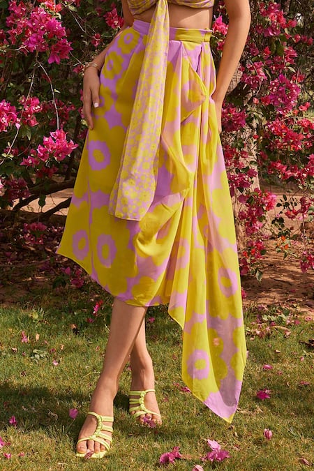 ZiP by Payal & Zinal_Yellow Georgette Embroidery Sweetheart Ametrine Floral Print Bralette With Skirt _Online_at_Aza_Fashions